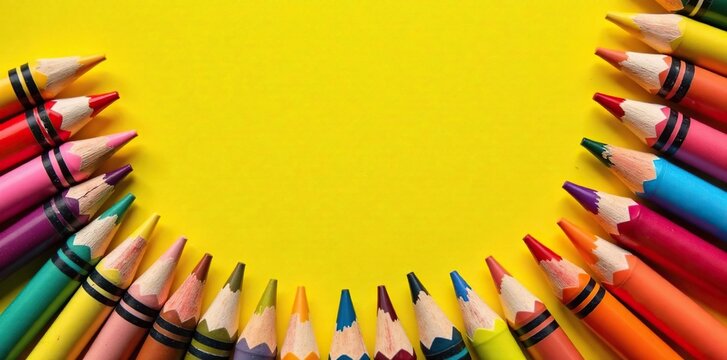 Un cuadro con crayones y pinceles en un fondo amarillo c?lido, colorido, cuadro