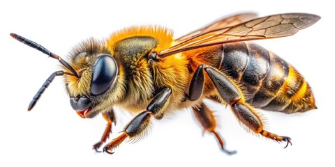 Low Light Bee Photography, Isolated Flying Bee, White Background, Macro Insect Image, High Resolution, Night Bee, Dark Background, Wildlife Photography