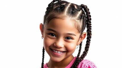 Happy Young Girl with Braids Wearing Pink Top and Smiling Brightly
