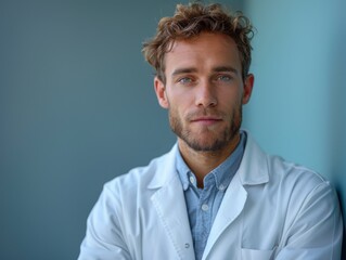 Fototapeta premium Confident Male Doctor Posing in Lab Coat Against a Soft Background