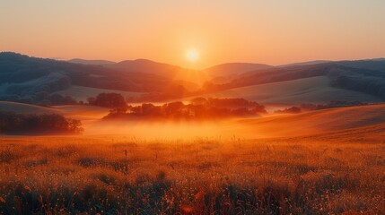 Obraz premium Serene Sunrise Over Misty Fields with Rolling Hills and Golden Light