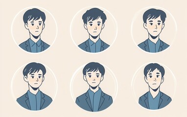 Fototapeta premium A set of simple line art icons, depicting a young Japanese male in a suit with short hair and a round face. 