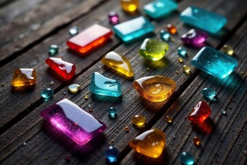Broken colored glass shards on a dark wooden floor, shattered, wood, fragments