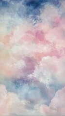 Fototapeta premium A painting of a cloudy sky with a pinkish hue. The sky is filled with clouds of various sizes and shapes, creating a sense of depth and movement. The colors are soft and muted