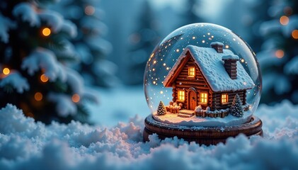Naklejka premium Cozy Cabin Inside a Frosty Christmas Snow Globe with Snowflakes, winter, snowflakes, decorations