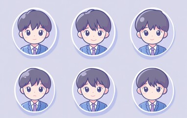 A set of simple line art icons featuring a young Japanese male with short hair and a round face, dressed in a blue shirt and suit. 