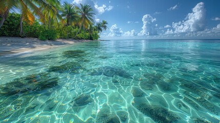 Obraz premium Tropical Paradise with Crystal Clear Water and Lush Palm Trees