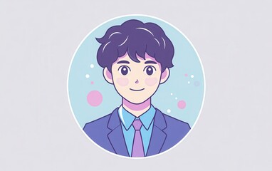 Obraz premium Minimalistic line art icons of a young Japanese male in a suit with short hair and a round face, wearing a blue shirt. 