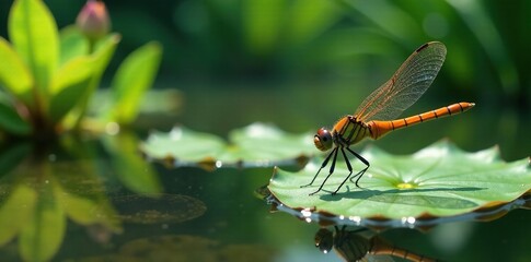 Dragonfly perched on the edge of a pond amidst lush aquatic plants, perched, water's edge, pond