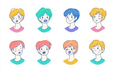 Set of colorful icons with simple line art, showcasing a short-haired woman in her thirties expressing various emotions like happiness, sadness, anger, and surprise. 