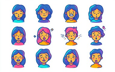 Set of colorful icons with simple line art, showcasing a short-haired woman in her thirties expressing various emotions like happiness, sadness, anger, and surprise. 