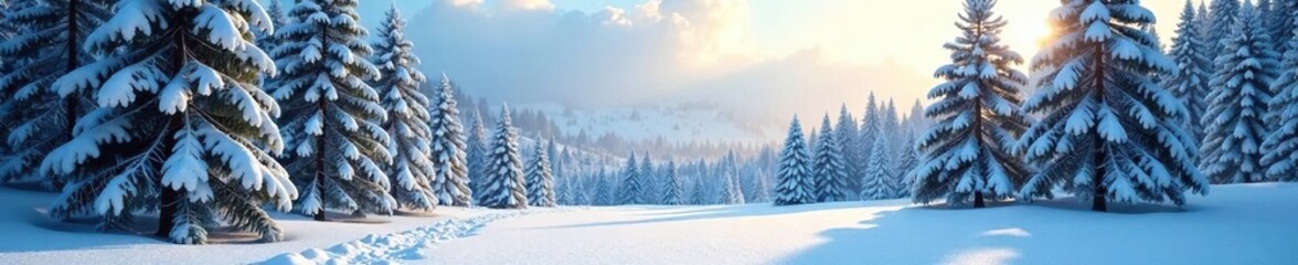 Frosty forest landscape with snow-covered pine trees and a serene atmosphere, snowfall, pine trees