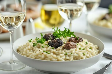 White truffles and wine define luxury tasting. Creamy risotto topped with mushrooms and parsley, served with wine.