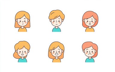 Set of colorful icons with simple line art, showcasing a short-haired woman in her thirties expressing various emotions like happiness, sadness, anger, and surprise. 