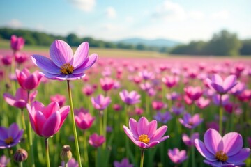 Field of mixed purple and pink flowers swaying in the breeze, blooming, field
