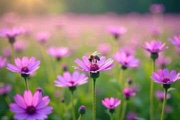 Fototapeta premium Field of purple wild flowers with a few bees buzzing around, field, buzzing,