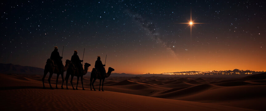 Dark figure of the Magi crossing the desert at sunset.Copy space