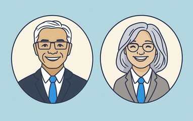 Fototapeta premium Simple line art icons of a man and a woman in suits, blue ties, and gray hair, both smiling and wearing glasses. 