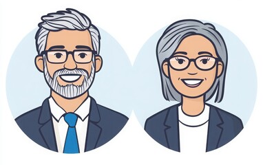 Simple line art icons of a man and a woman in suits, blue ties, and gray hair, both smiling and wearing glasses. 