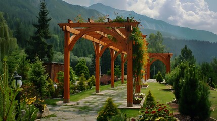 Wooden arbors on the terrace of the tea plantation