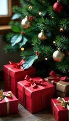 Gift boxes and presents under a festive Christmas tree, holly leaves, Gift Boxes, red berries
