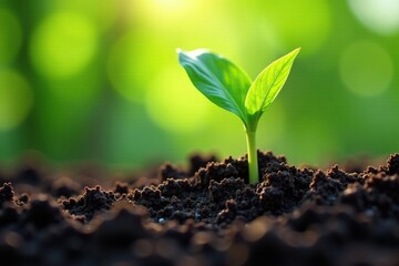 Fototapeta premium Green shoot of corn sprouting from damp earth, plant growth, water, roots