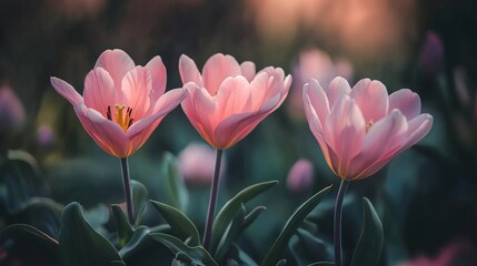 Fototapeta premium Pink Tulips in Bloom: A Delicate Springtime Scene