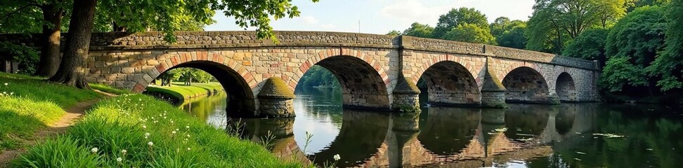 Obraz premium Old stone arches of Axmouth Bridge over river Axe, historic bridge, rustic details