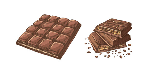 Hand-drawn chocolate bar colored illustrations in vintage sketch style