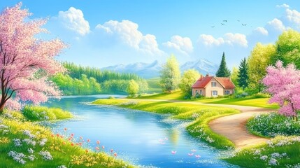 Obraz premium spring landscape with river and country house
