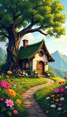 Obraz premium Small cottage nestled among the branches of ancient trees and wildflowers, rustic, charming