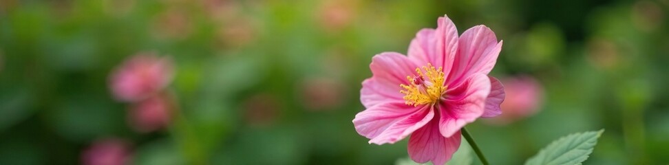 Obraz premium Soft focus image of a mallow flower against a blurred background, outdoor, nature, foliage