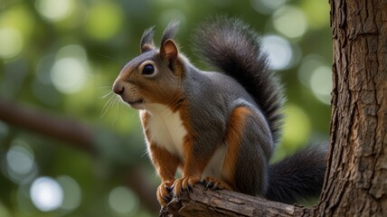 A cute squirrel perched on a tree branch, looking alert.