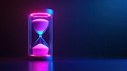 A futuristic digital-style hourglass with glowing sand, isolated on a dark gradient background.