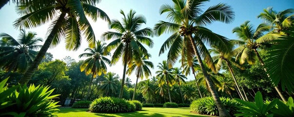 Tall coconut tree in a garden with other trees and plants, foliage, trees, coconut tree