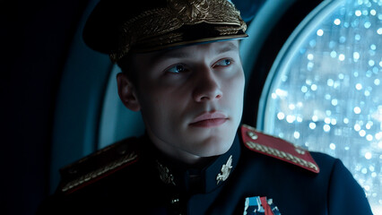 Man in uniform with a blue eye. Guy general suit window cap close up. A guy in a suit close up with a cap. Lifestyle.