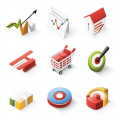 A set of icons for shopping carts, shopping baskets, and other shopping-related items. The icons are colorful and abstract, with a focus on the concept of shopping and the idea of a shopping cart