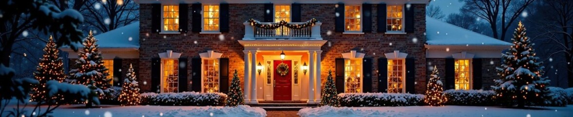 A majestic holiday light installation at the entrance of an elegant mansion house, complete with a festive wreath, holiday ambiance, snowy night scene