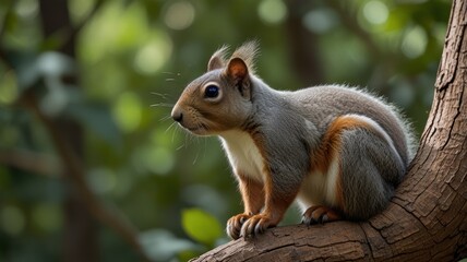 Obraz premium A grey and orange squirrel perched on a tree branch.