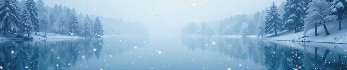 A frozen lake with a misty atmosphere and snowflakes gently falling, peaceful, winter, misty