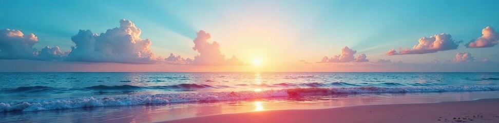 Obraz premium A serene blue sky above a tranquil body of red ocean water, reflecting the warmth of the sun, still life, peaceful atmosphere, beach scenery