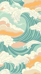 A wave pattern with a blue ocean background. The waves are drawn in a very stylized way