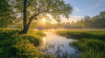 spring landscape with river and trees at sunrise