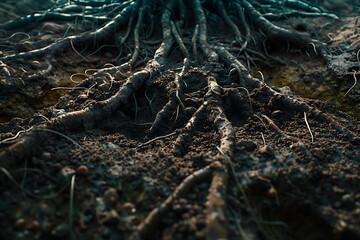 Fototapeta premium Closeup of roots of tree growing in soil
