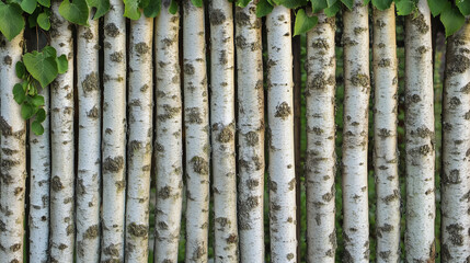 Obraz premium Natural Birch Tree Fence with Rustic Bark Patterns and Fresh Green Leaves