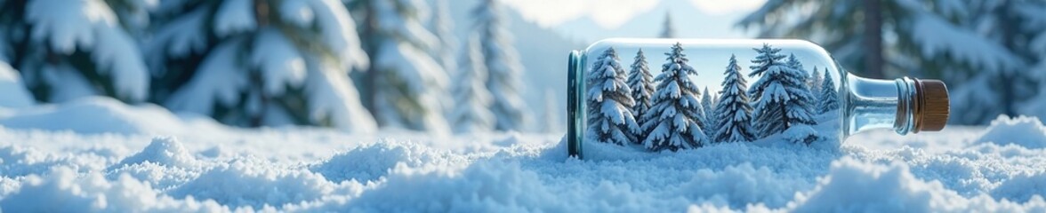 A snow-covered forest landscape is preserved in crystal clarity within the confines of a cylindrical bottle, icy landscape, snow covered trees, cylindrical glass container