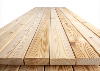 Minimalist Pine Wood Flooring: Stacked Decking Boards on White Background