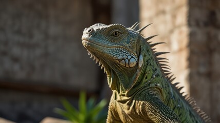Fototapeta premium Close-up of a green iguana looking to the side.