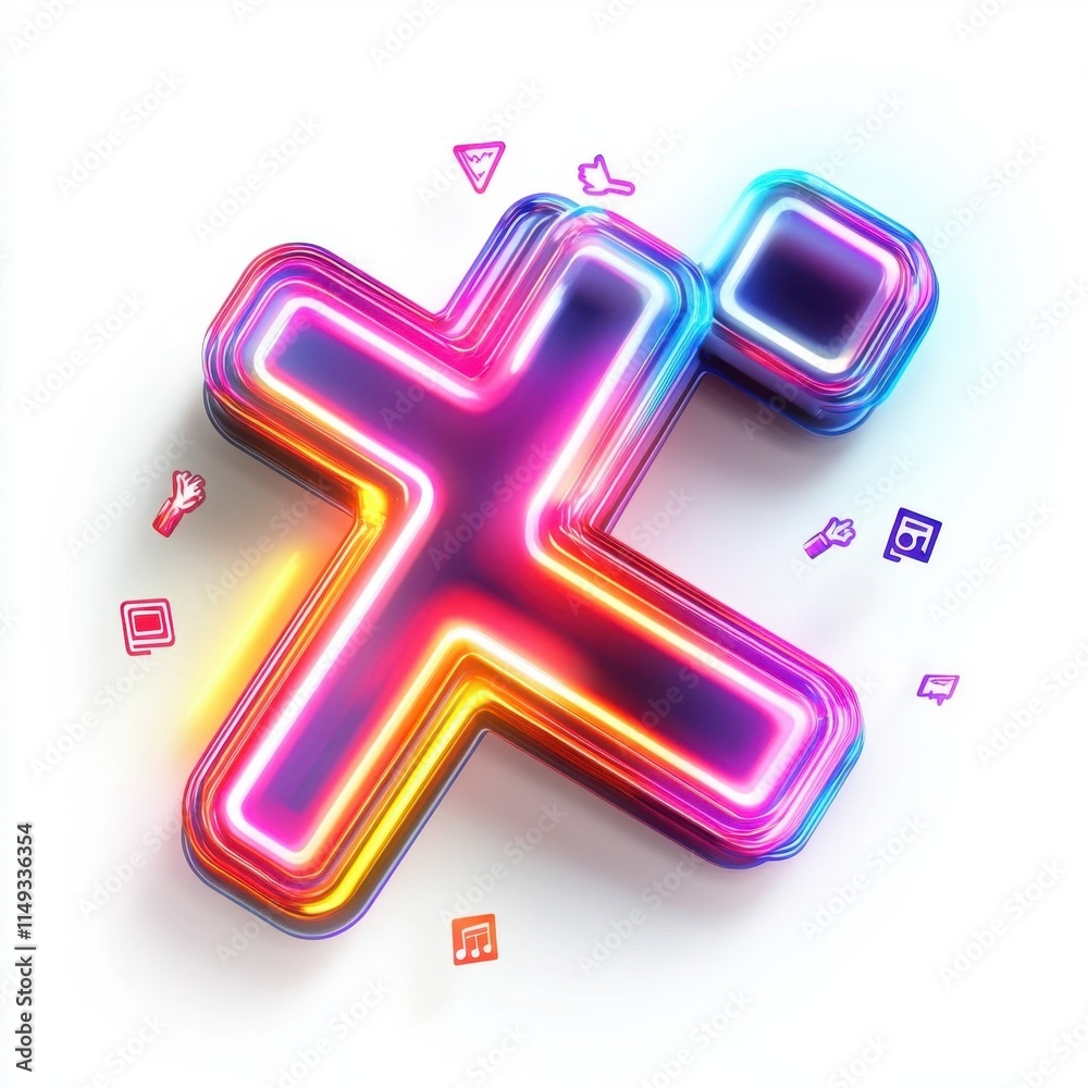 Wall mural the image is a neon cross with a colorful background. the cross is surrounded by various icons and s
