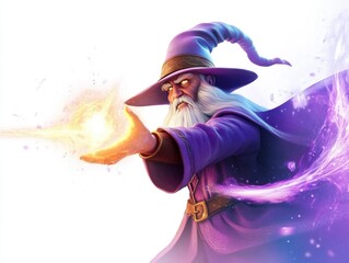 Obraz premium A wizard in a purple robe is holding a glowing orb in his hand. The image has a mystical and magical feel to it